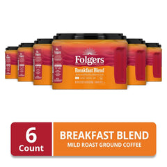 Folgers Breakfast Blend Ground Coffee, Mild Roast, 22.6 Oz. Canister (Pack of 6)