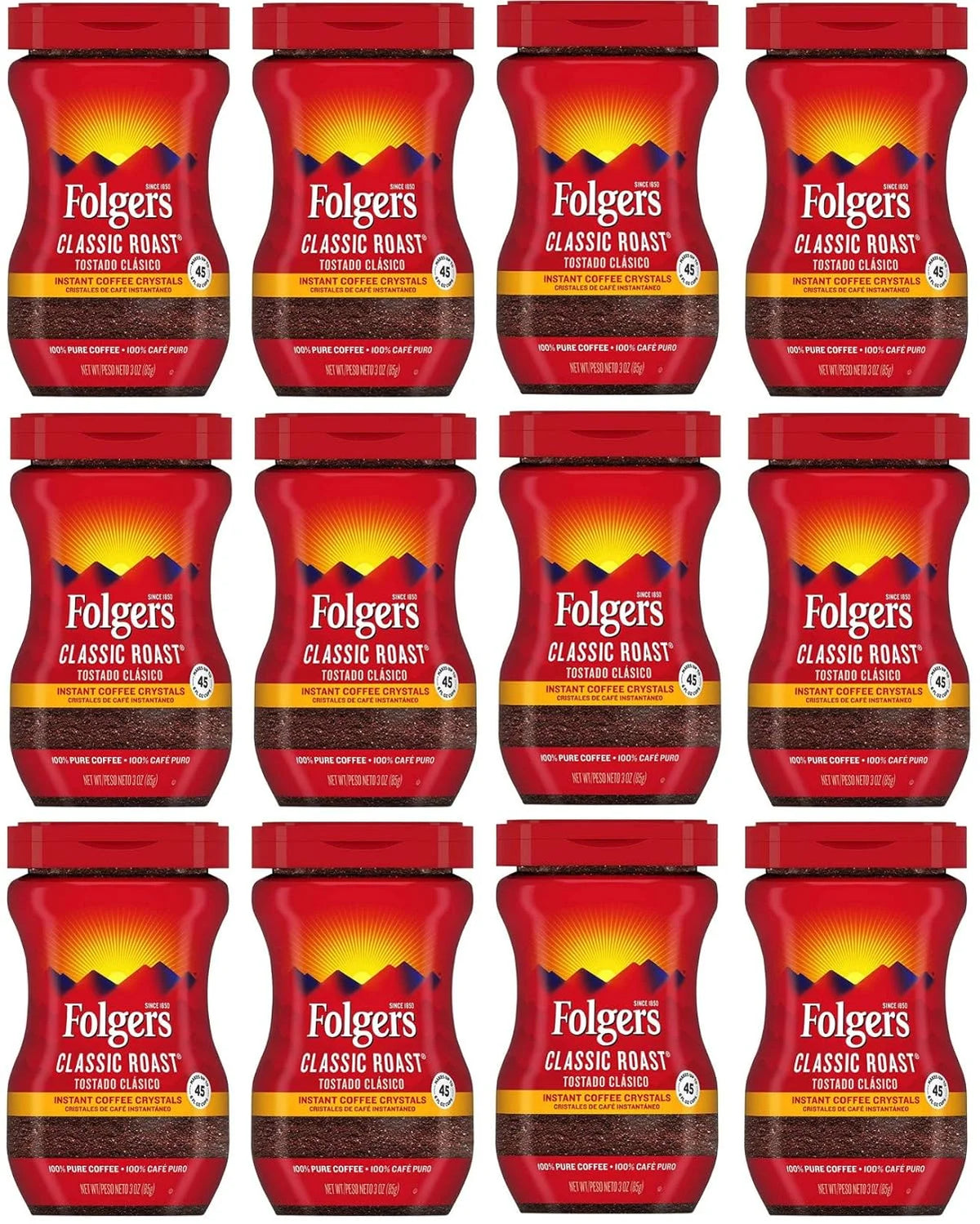 Folgers 20083 Classic Roast Instant Coffee Crystals, 3 Ounces, 100% Pure Coffee, Medium Roast, Easy-open Flip Top Lid, Portable Plastic Jar, Pack of 12
