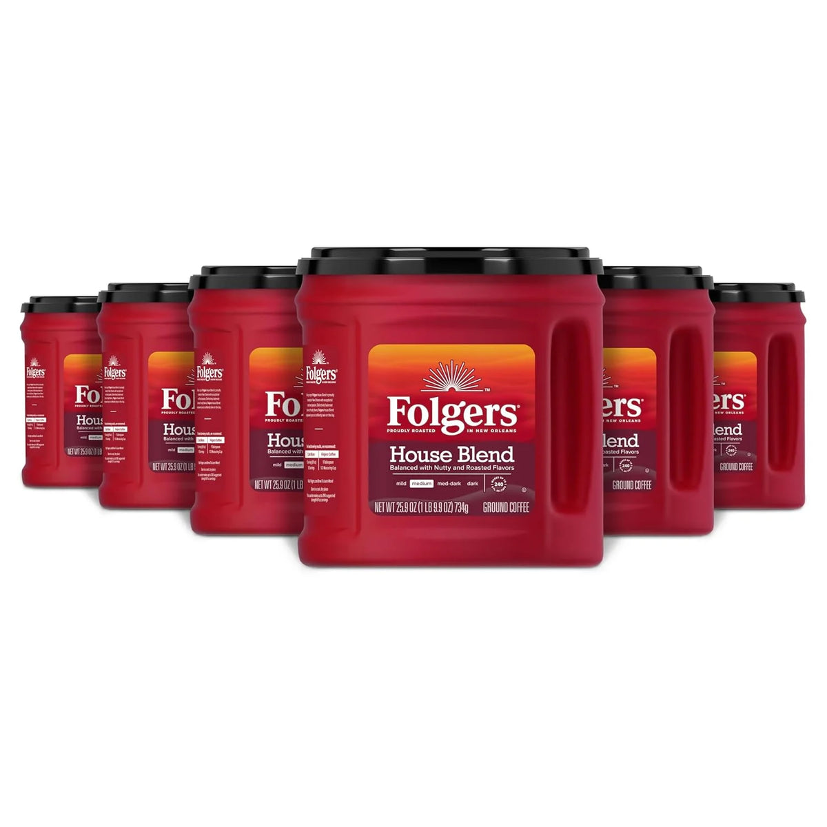 Folgers House Blend Ground Coffee, Medium Roast, 25.9 ounce Canister (Pack of 6)