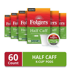 Folgers Half Caff Medium Roast Coffee, Keurig K-Cup Pods, 10 Count Boxes (Case of 6)