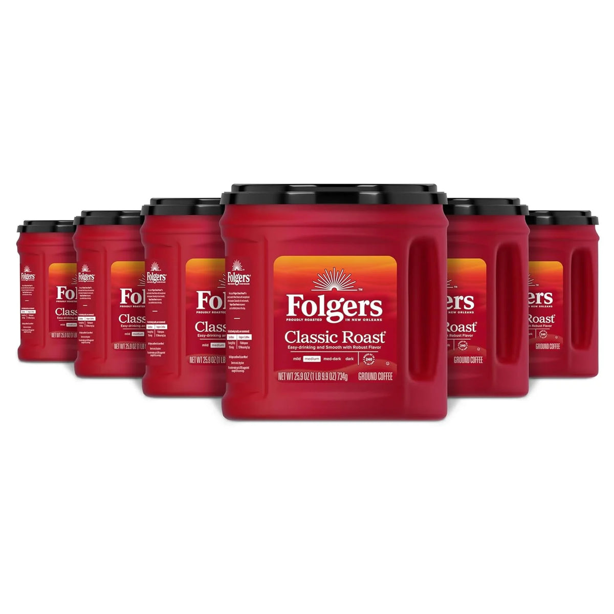Folgers Classic Roast Ground Coffee, Medium Roast, 25.9 Oz. Canister (Pack of 6)
